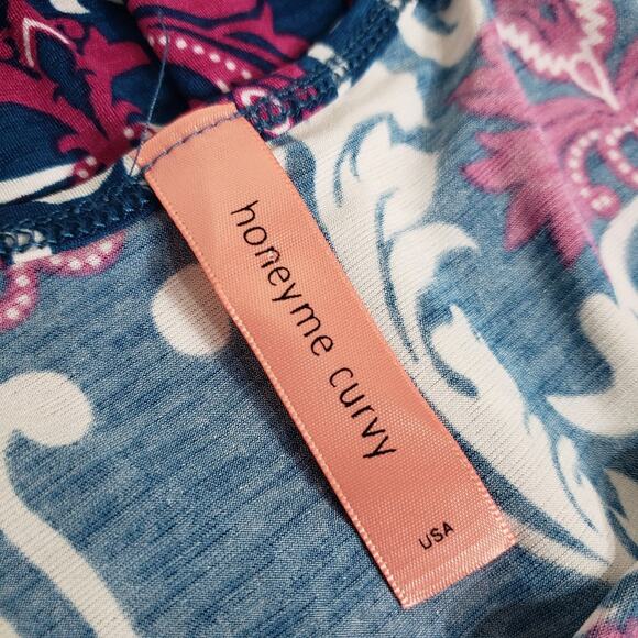 Honeyme Curvy Womens Tunic Top Size XXL Paisley Print Teal Magenta Short Sleeve - Picture 8 of 9